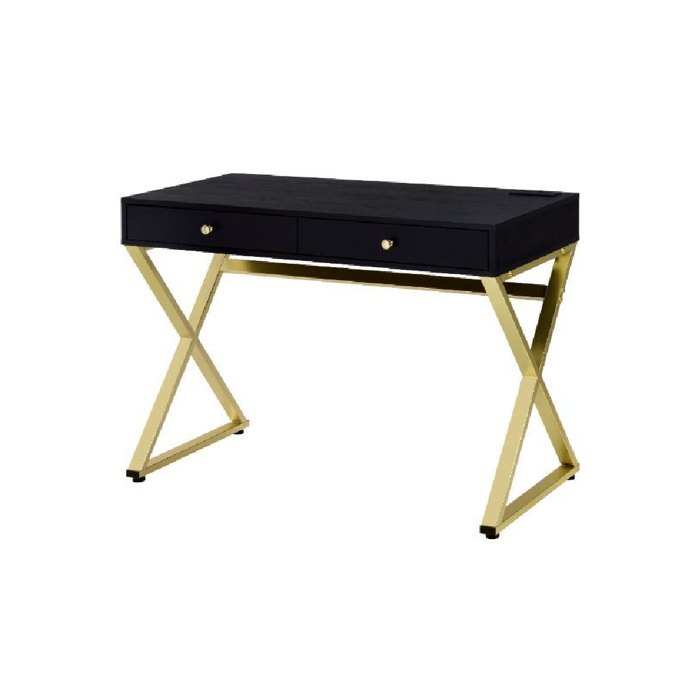 Built-in USB Port Writing Desk With 2 Storage Drawers Black & Brass BH93050