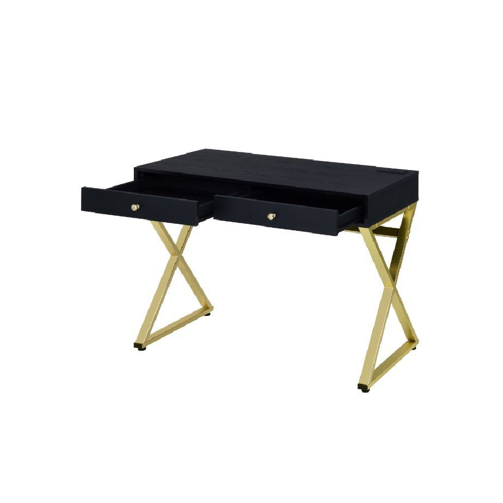 Built-in USB Port Writing Desk With 2 Storage Drawers Black & Brass BH93050
