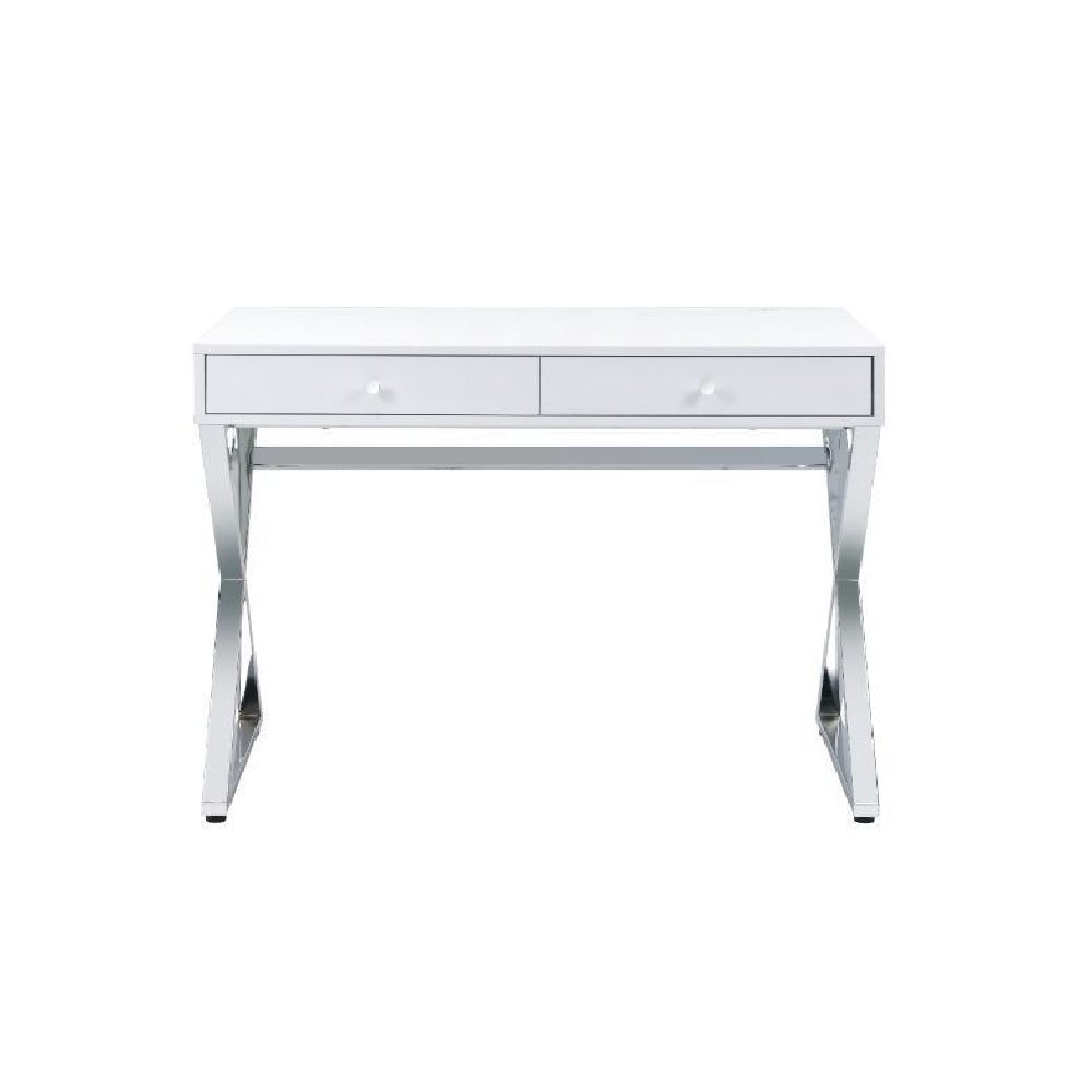 Built-in USB Port Writing Desk With 2 Storage Drawers White & Chrome