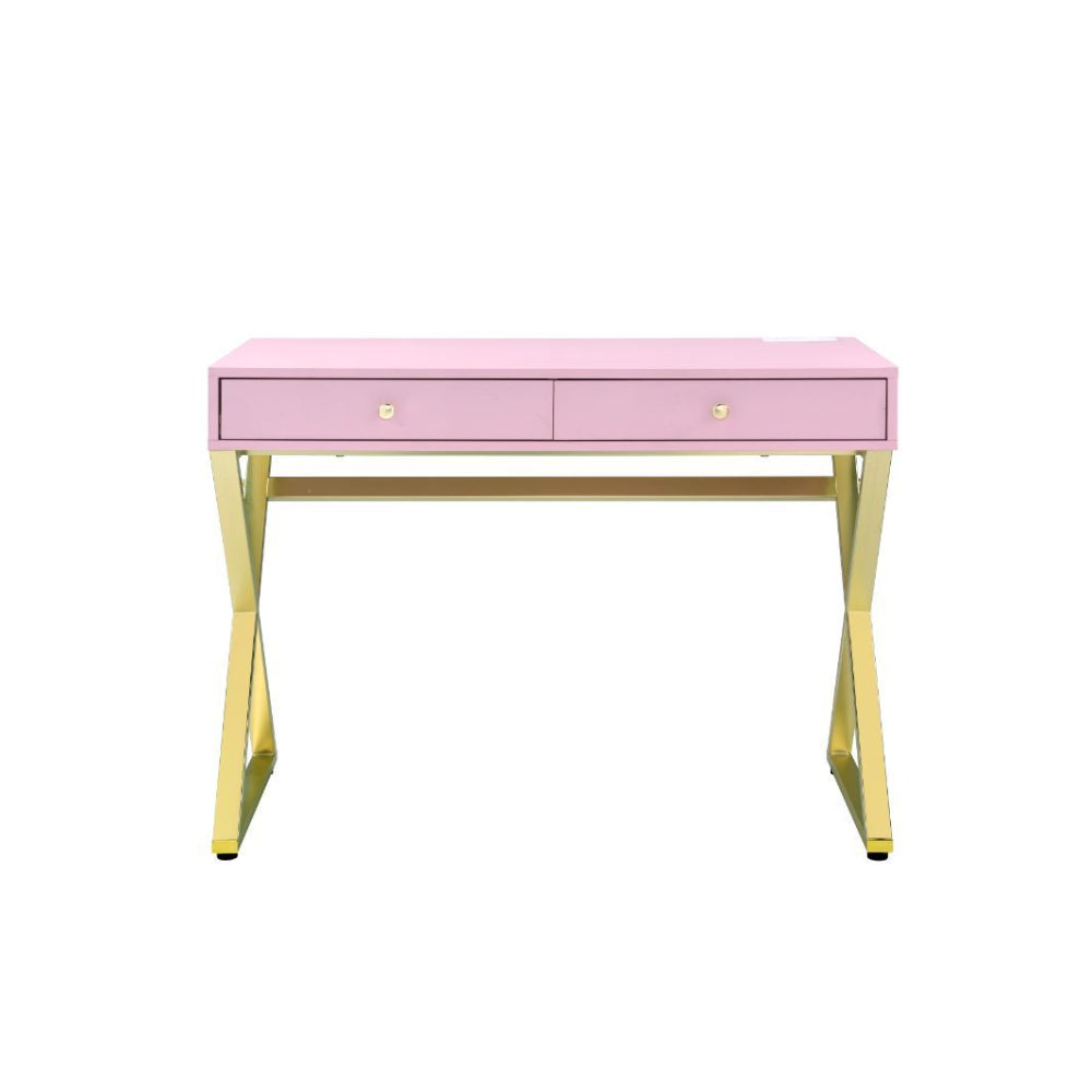 Built-in USB Port Writing Desk With 2 Storage Drawers Pink & Gold Finish
