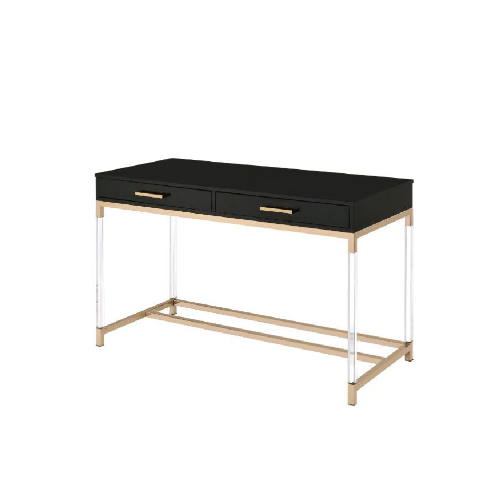 Rectangular Built-in USB Port & Plug Writing Desk With 2 Drawers Black & Gold Finish BH93104