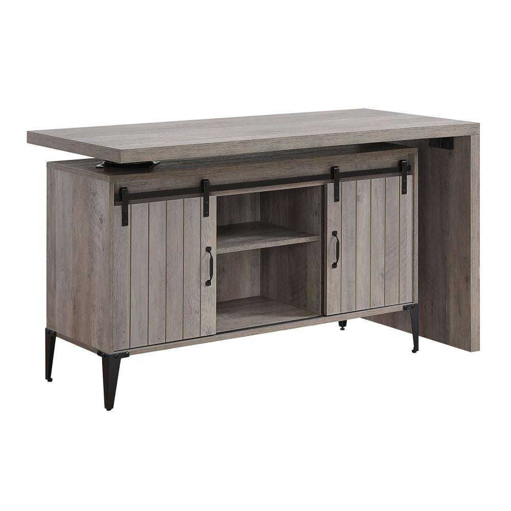 Convertible Writing Desk & Cabinet With Sliding Barn Door & Metal Leg Gray Oak & Black