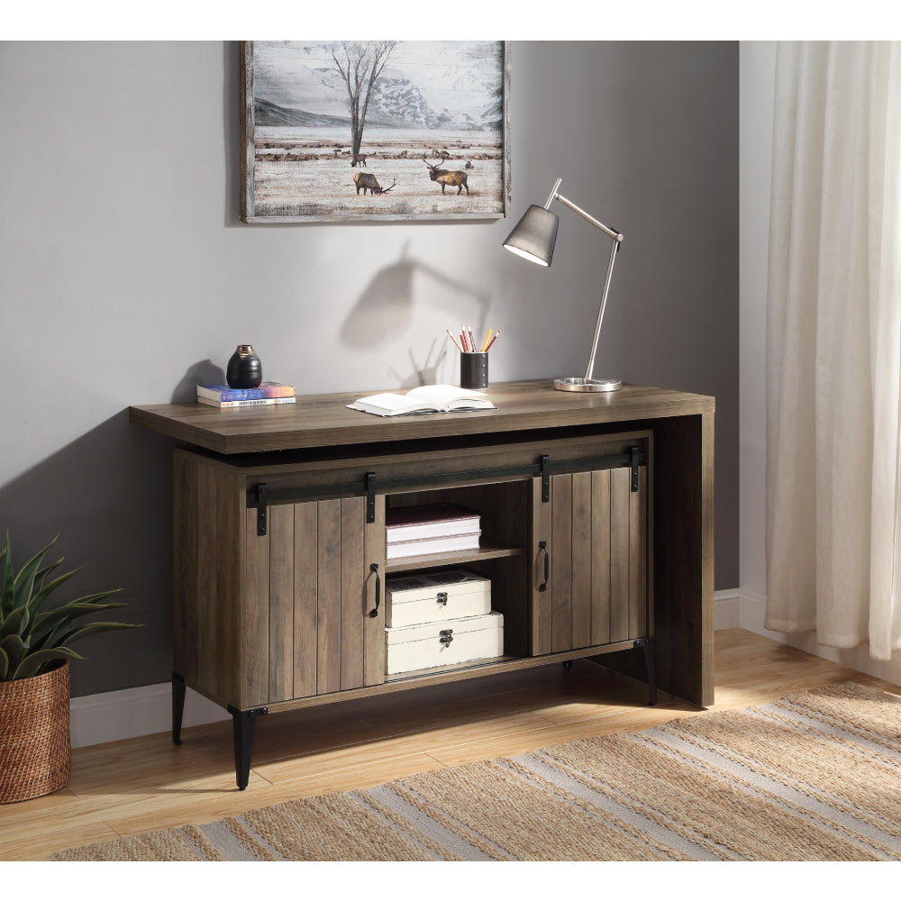 Convertible Writing Desk & Cabinet With Sliding Barn Door & Metal Leg Rustic Oak & Black
