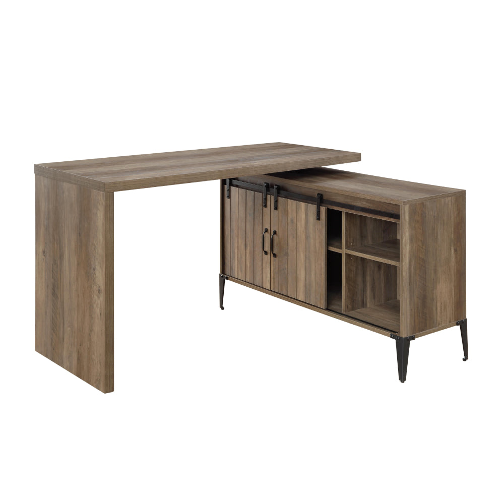Convertible Writing Desk & Cabinet With Sliding Barn Door & Metal Leg Rustic Oak & Black