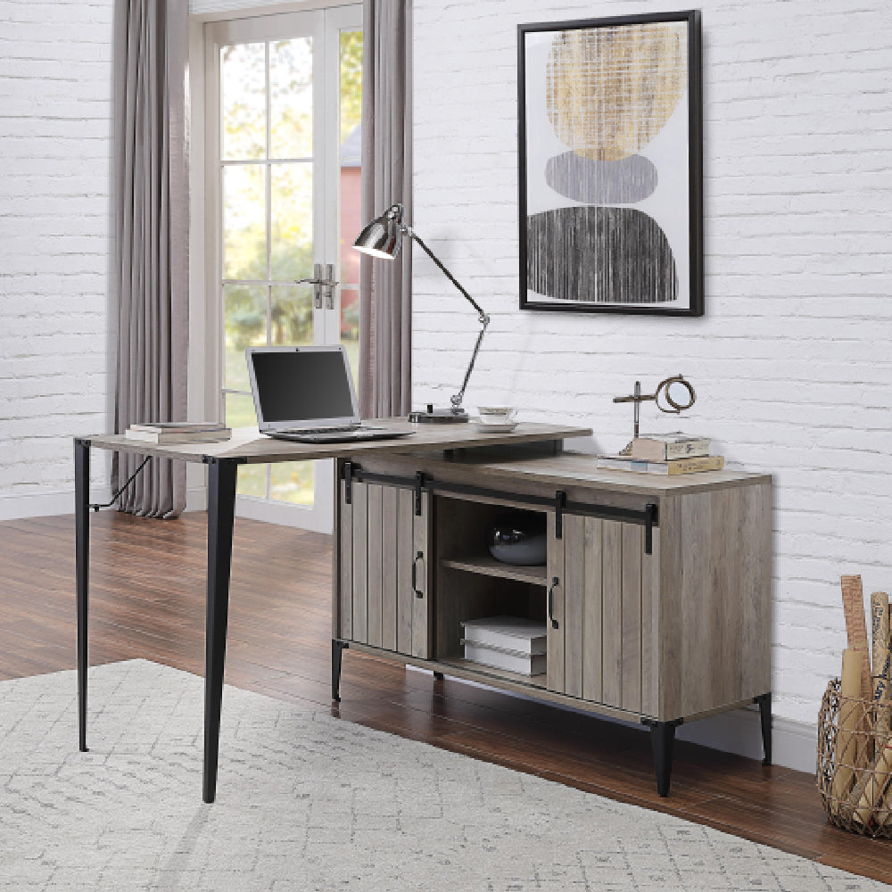 L-Shape Writing Desk With Sliding Barn Door & Cord Management Gray Oak & Black Finish