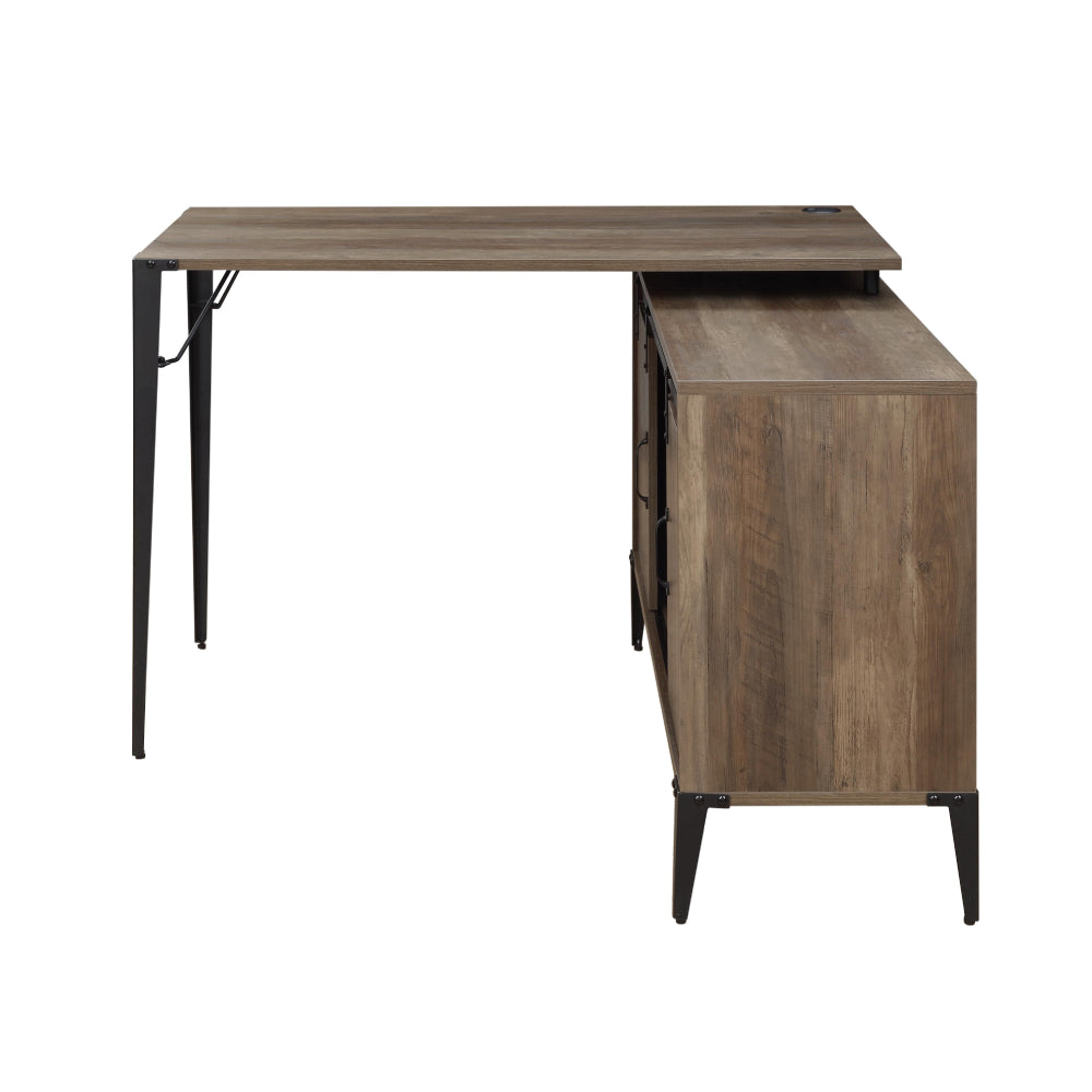 L-Shape Writing Desk With Sliding Barn Door & Cord Management Rustic Oak & Black Finish