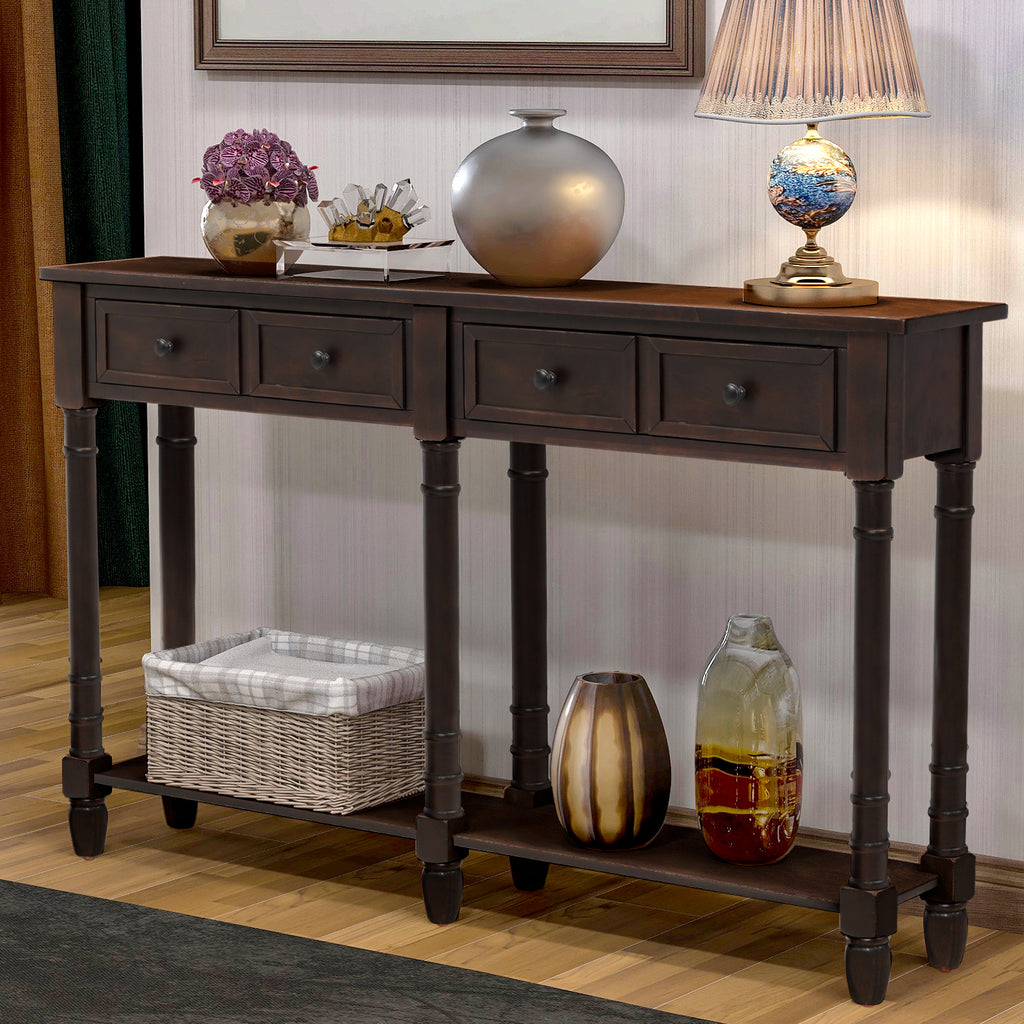 Slate Gray Console Table Sofa Table with Two Storage Drawers and Bottom Shelf