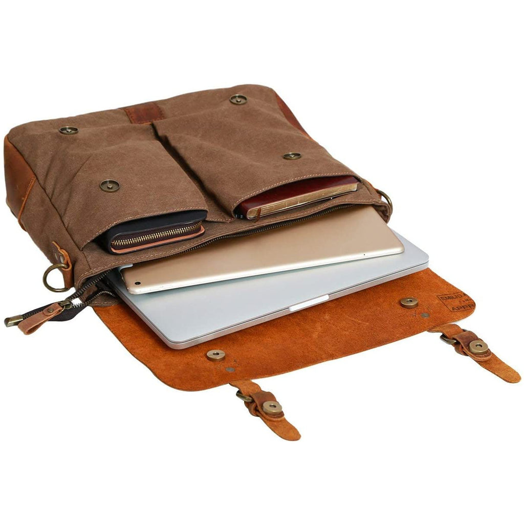 Sienna 14" Leather Canvas Laptop Satchel Briefcase/Messenger Bag for Men