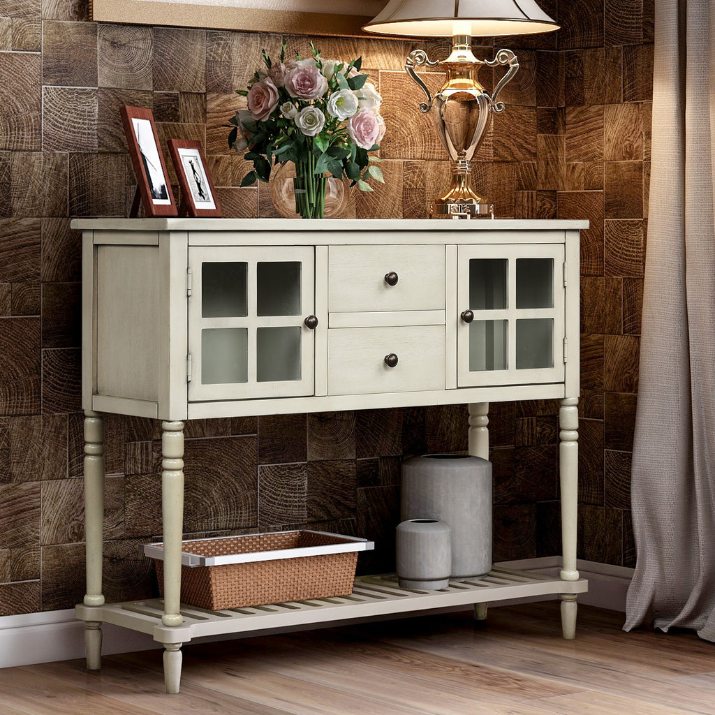 Light Gray Sideboard Console Table with Bottom Shelf with Glass Buffet Storage Cabinet