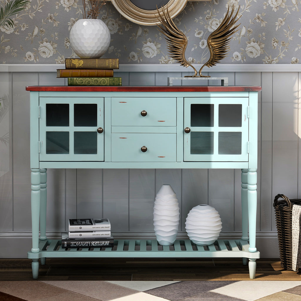 Gray Sideboard Console Table with Bottom Shelf with Glass Buffet Storage Cabinet