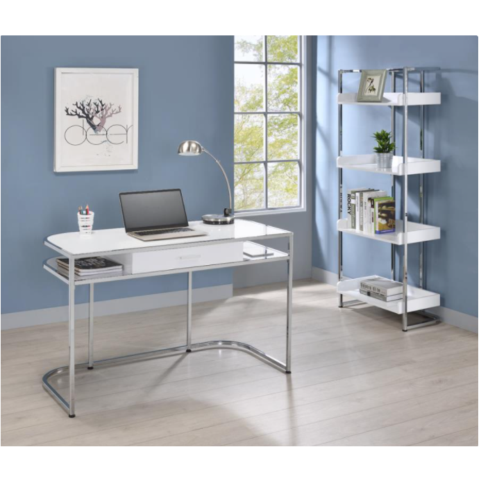 Gray Coaster_803402 White High Gloss Wood/Chrome Metal Bookcase (4-Shelf)