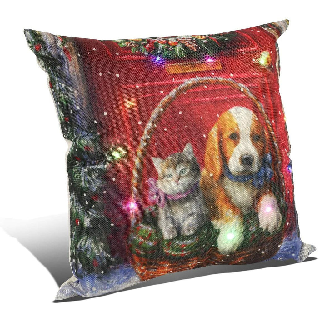 Dim Gray Christmas Throw Pillow Covers Decorative LED Light Up _Cat Kitty Puppy Dog Flag (Set of 4)