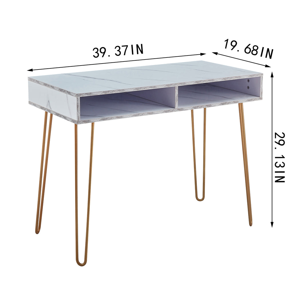 Beauty Table Side End Table Modern Marble MDF Top With Sturdy Gold Metal Legs White - Size