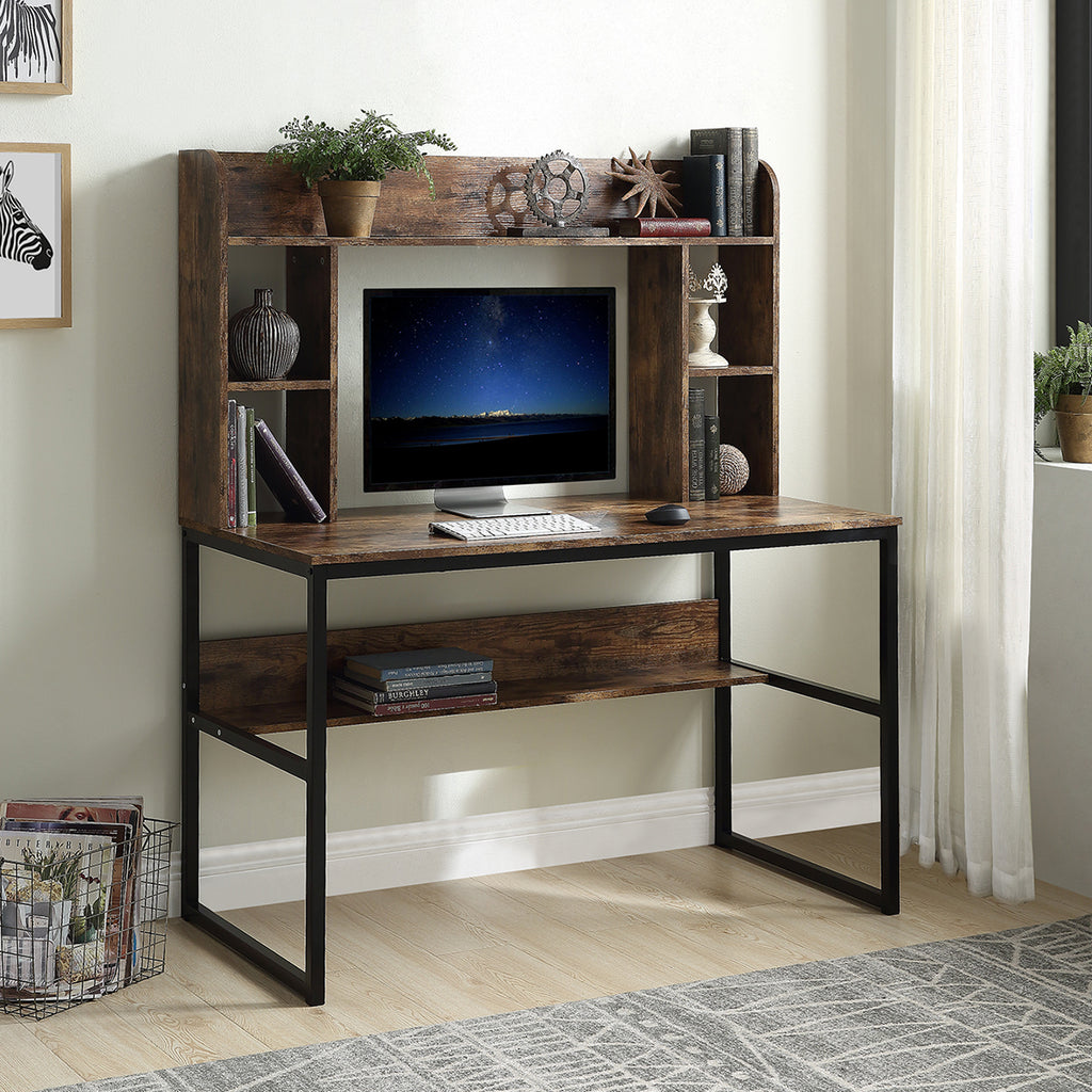 Black 47" Rustic Office Desk and Modern Writing Desk with Storage Shelves and Hutch BH194169