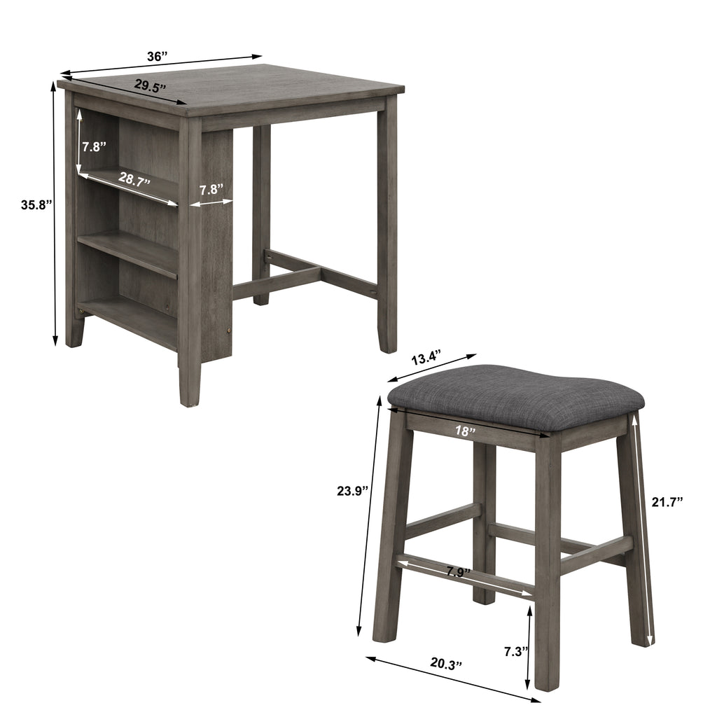 3 Counts - Square Dining Table with Padded Stools, Table Set with Storage Shelf Dark Gray - Size