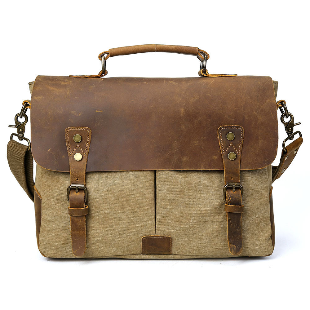 Dark Olive Green 14" Leather Canvas Laptop Satchel Briefcase/Messenger Bag for Men