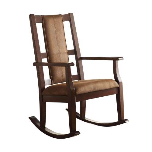 Dark Slate Gray Upholstery Wooden Rocking Chair Patio Chair Hollow Backrest in Brown Fabric & Espresso