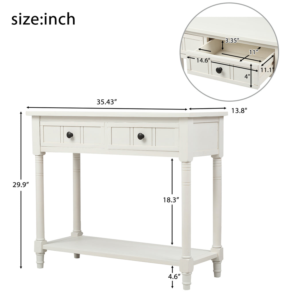 Antique White Console Table Traditional Design with Two Drawers and Bottom Shelf Acacia Mangium