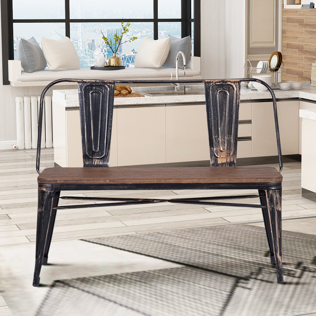 Light Gray Rustic Style Distressed Dining Bench with Wooden Seat Panel and Metal Backrest & Legs BH036325
